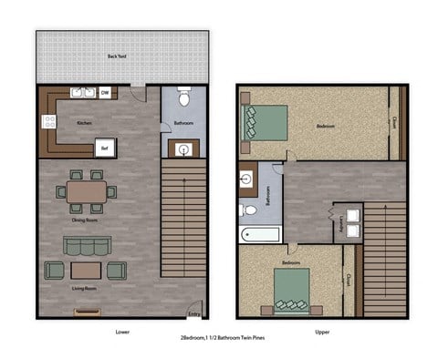 Floor plan for 2 beds, 2 baths, 947 sqft